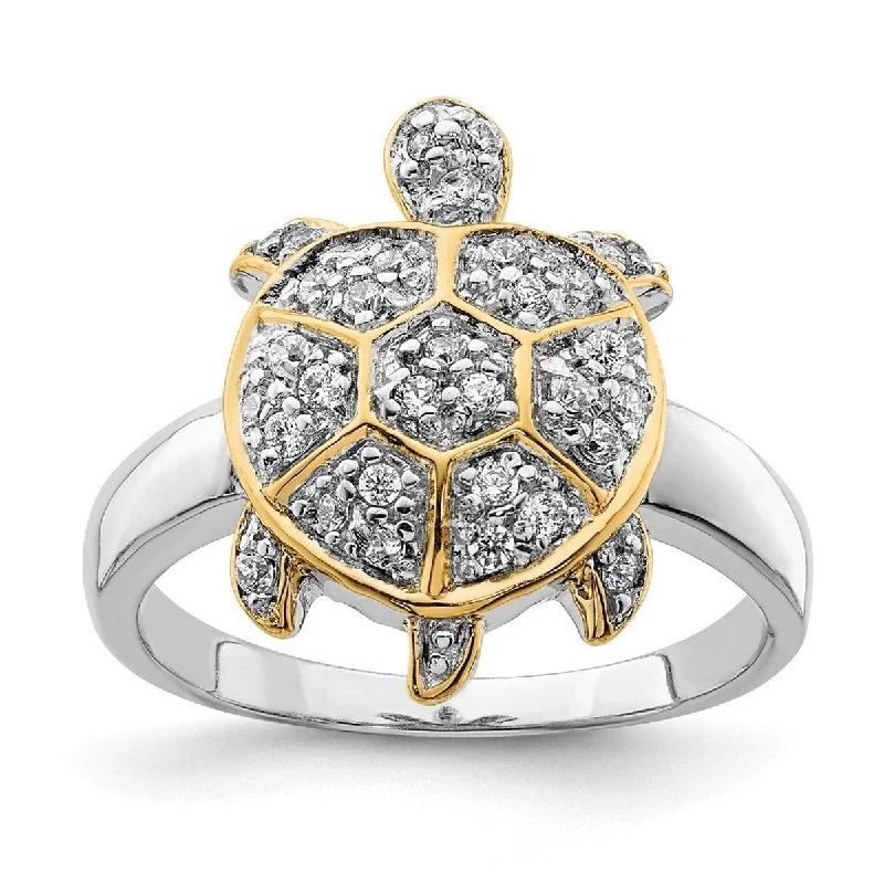 Women’s rose gold rings-Curata 925 Sterling Silver Solid Center CZ Cubic Zirconia Simulated Diamond and Gold Plated Turtle Ring