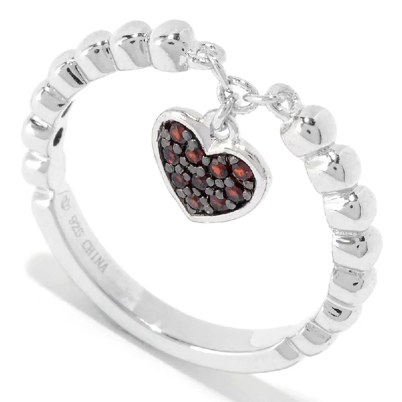 Women’s gold engagement rings-Sterling Silver Round Red Garnet Dangle Charm Stack Band Ring