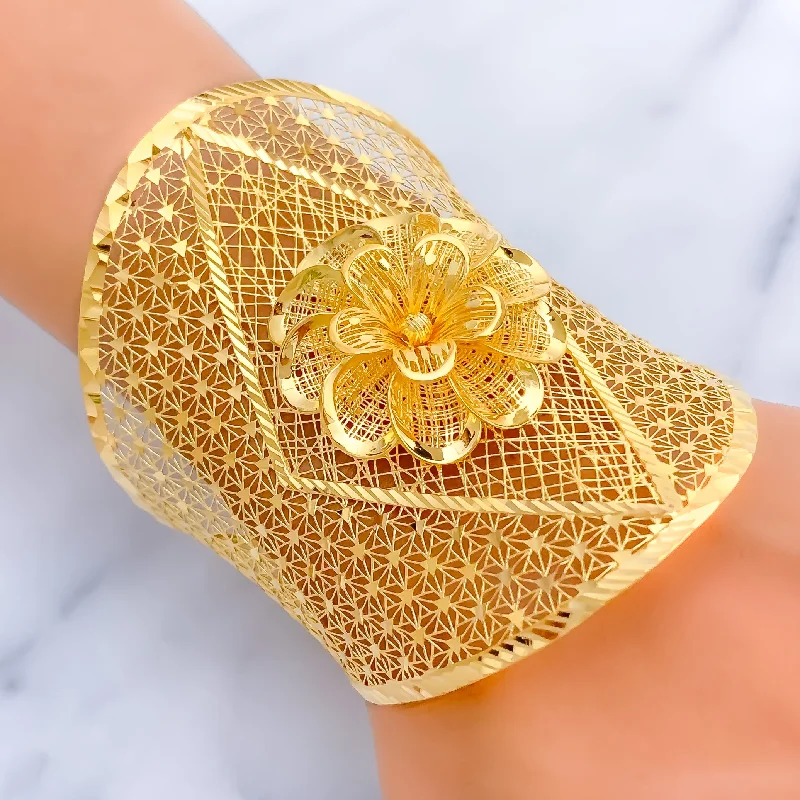 Women’s pearl bangles-Captivating Regal 3D Flower 21K Gold Bangle Bracelet