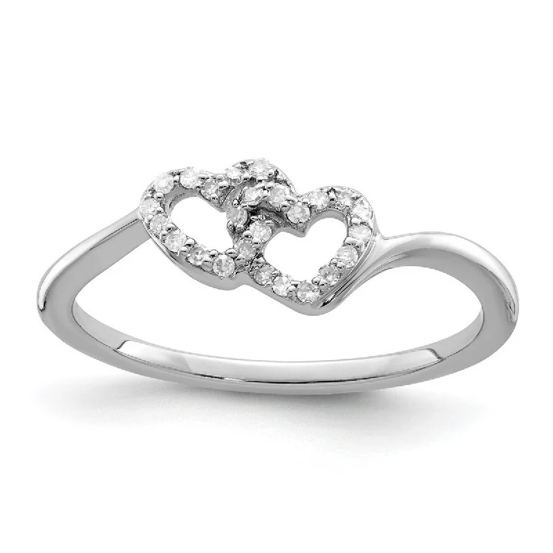 Women’s simple wedding rings-Curata 925 Sterling Silver Polished Rhodium Plated Diamond Double Love Heart Promise Ring