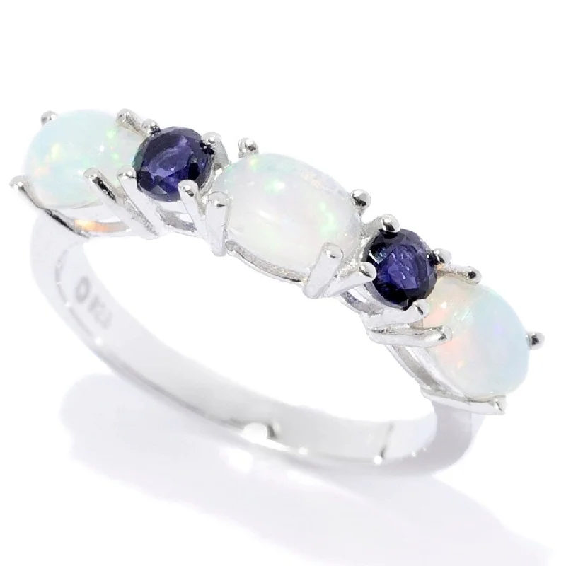 Women’s sapphire rings-Sterling Silver Ethiopian Opal & Iolite 5-Stone Band Ring