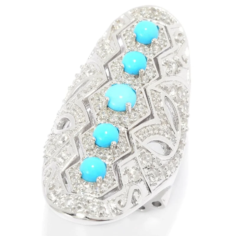 Women’s platinum engagement rings-Sleeping Beauty Turquoise & White Zircon Shield Ring