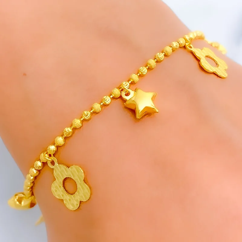 Women’s adjustable bangles-Flowers + Stars Charm 22k Gold Bracelet