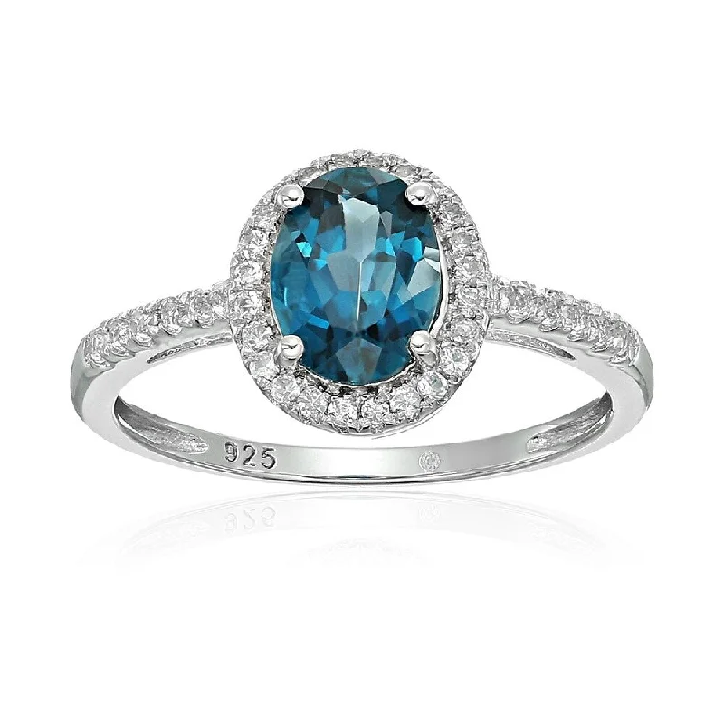 Women’s white gold rings-Sterling Silver Oval London Blue Topaz and White Topaz Ring, Size 7