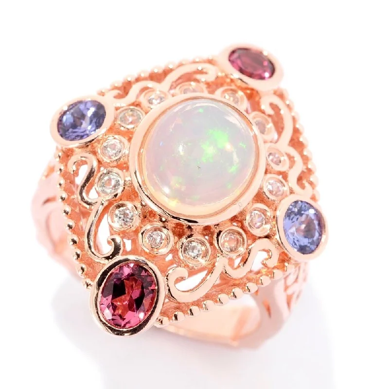 Women’s diamond solitaire rings-Sterling Silver Ethiopian Opal & Pink Tourmaline Flower Ring