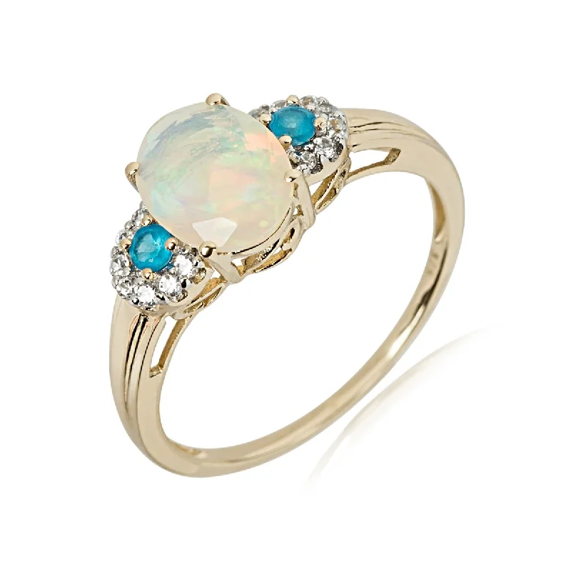 Women’s moissanite rings-14Kt Yellow Gold Ethiopian Opal, Pink Tourmaline, Diamond Ring