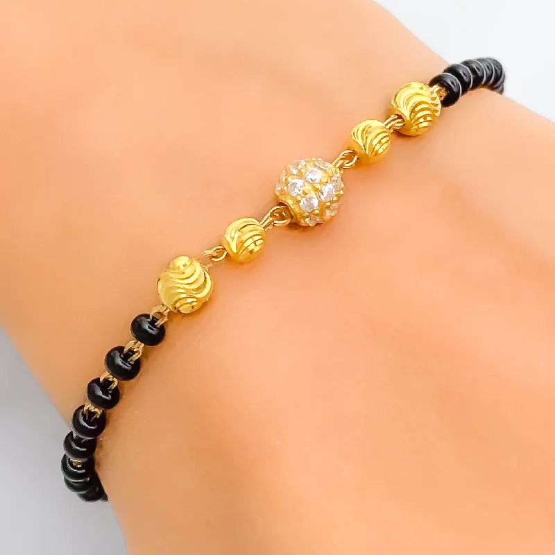 Women’s pearl bangles-Timeless Delightful 22k Gold Black Bead CZ Bracelet