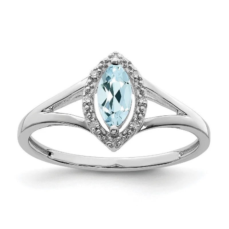 Women’s affordable rings-Curata 925 Sterling Silver Polished Open back Rhodium Plated Diamond and Aquamarine Marquise Ring