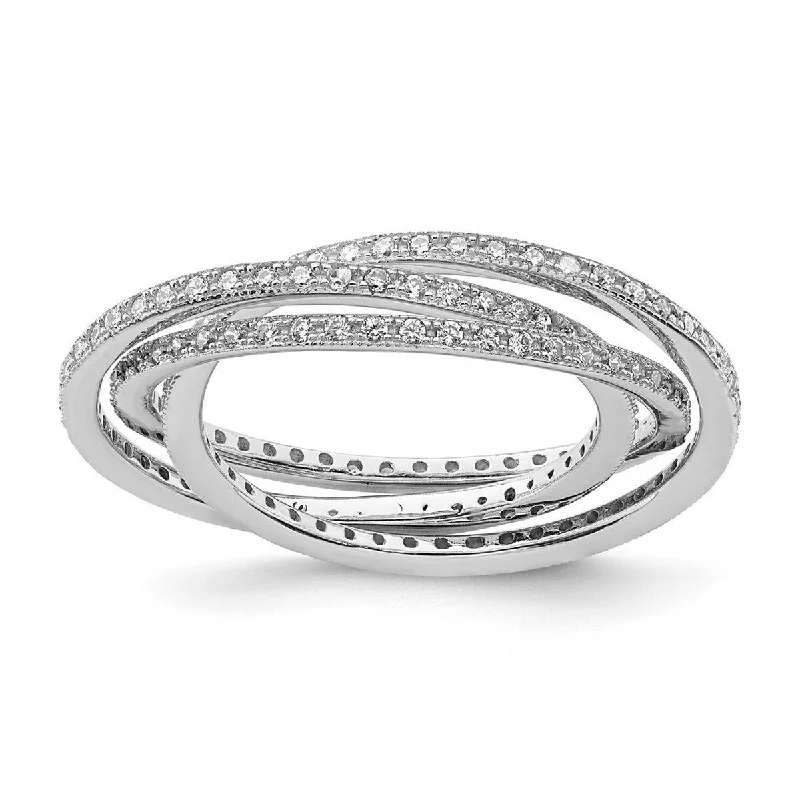 Women’s vintage rings-Curata 925 Sterling Silver Rhodium Plated Three 1.5mm Interlocking CZ Cubic Zirconia Rings