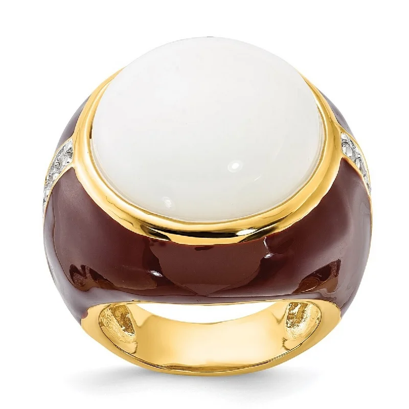 Women’s silver wedding rings-Curata Gold Plated 925 Sterling Silver Brn Enam Simulated Wht Agate and Cubic Zirconia Ring