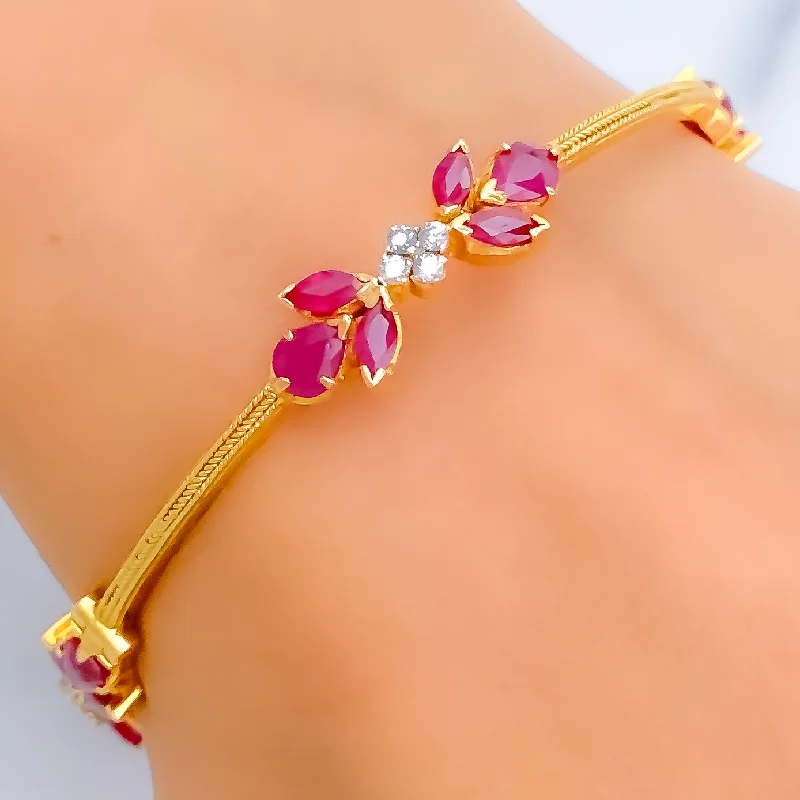 Women’s modern bracelets-Floral Ruby Diamond + 18k Gold Bangle Bracelet