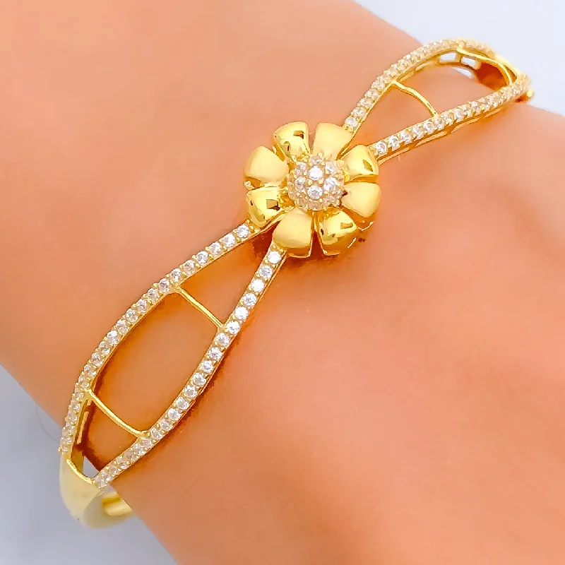 Women’s gold bracelets-Delightful Flower 22k Gold CZ Bangle Bracelet