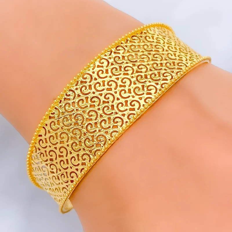 Women’s black leather bracelets-Bright Fine Motif Mesh 21K Gold Bangle Bracelet