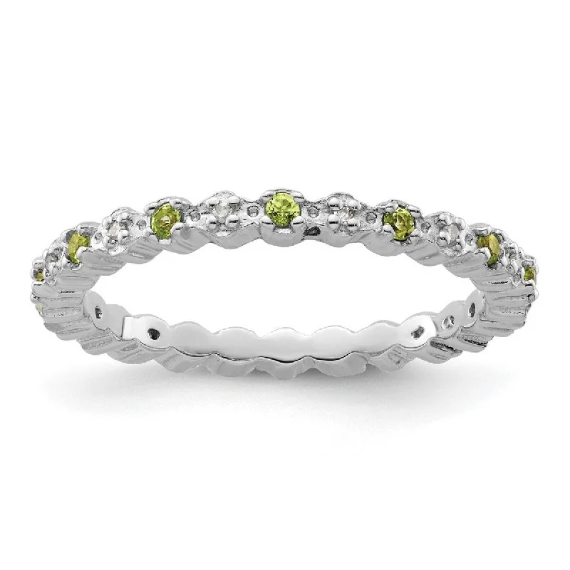 Women’s contemporary rings-Curata 925 Sterling Silver Polished Prong set Stackable Expressions Peridot and Diamond Ring