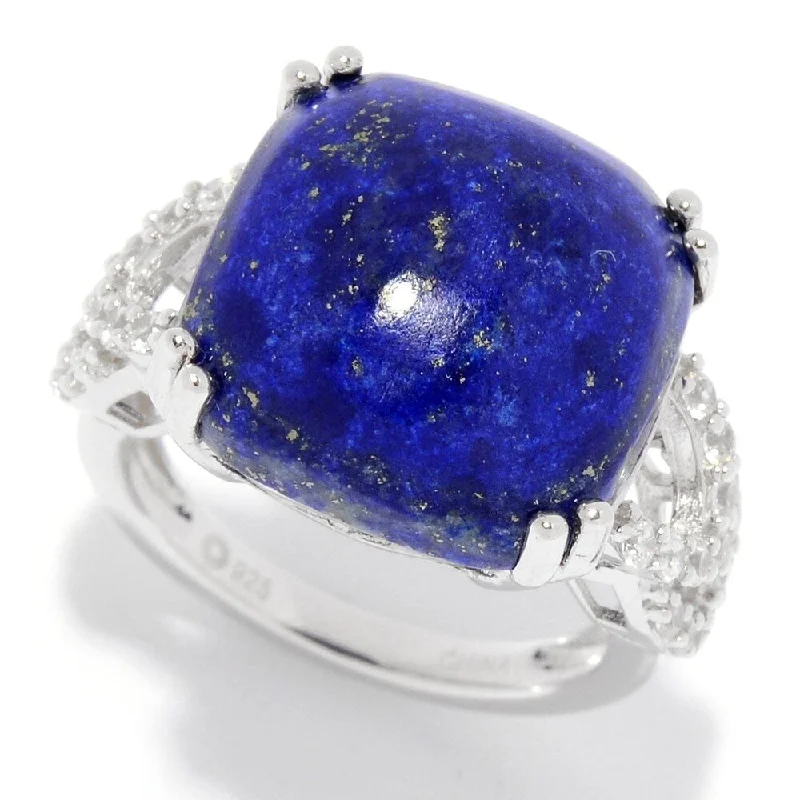 Women’s gemstone engagement rings-Sterling Silver 15mm Cushion Shaped Lapis & White Zircon Ring