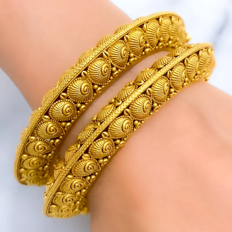 Women’s fashion bangles-Unique Shell Accented Oxidized 22k Gold Bangles