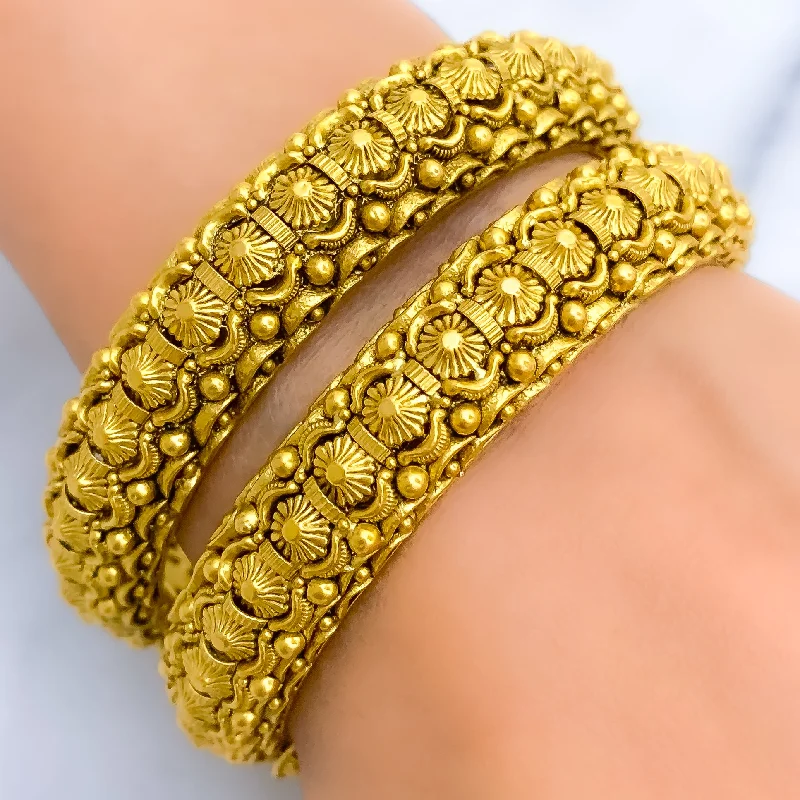 Women’s sterling silver bracelets-Ornate Floral Oxidized 22k Gold Bangles