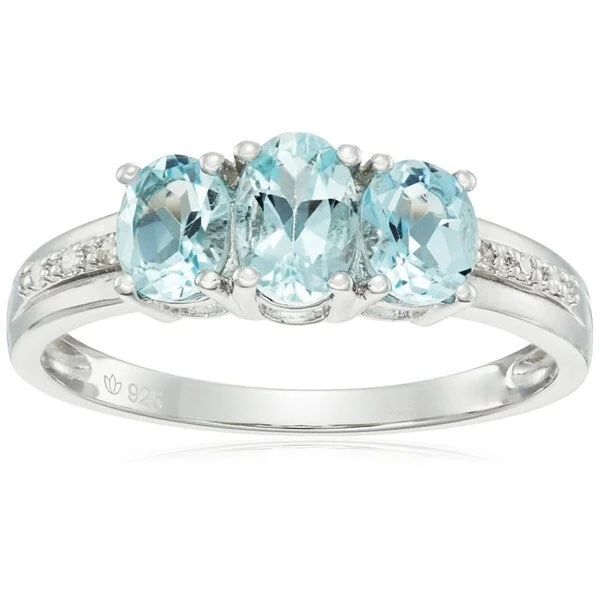 Women’s cubic zirconia rings-Sterling Silver Aquamarine, Diamond Accent 3-Stone Oval Ring, Size 7 - Blue