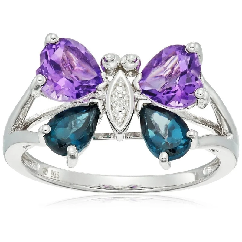 Women’s diamond wedding sets-Sterling Silver African Amethyst, Blue Topaz, Diamond Butterfly Ring, SZ 7 - Purple