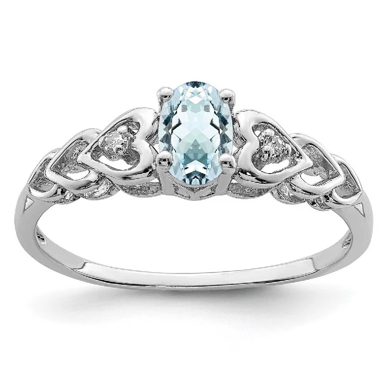 Women’s white gold rings-Curata 925 Sterling Silver Polished Open back Aquamarine and Diamond Ring