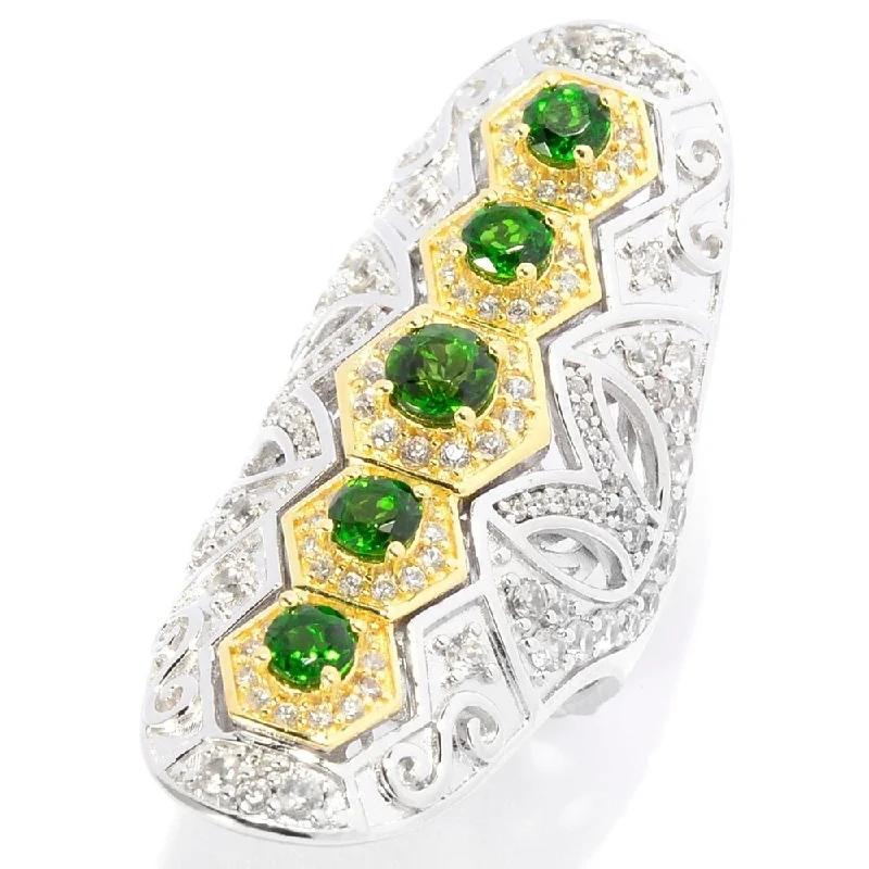 Women’s gold engagement rings-Chrome Diopside & White Zircon Cut-out Scrollwork Elongated Ring