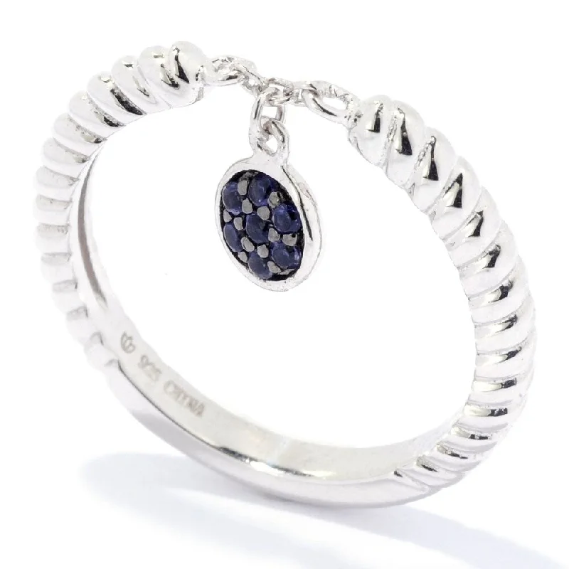 Women’s wedding rings-Sterling Silver Round Iolite Dangle Charm Stack Band Ring