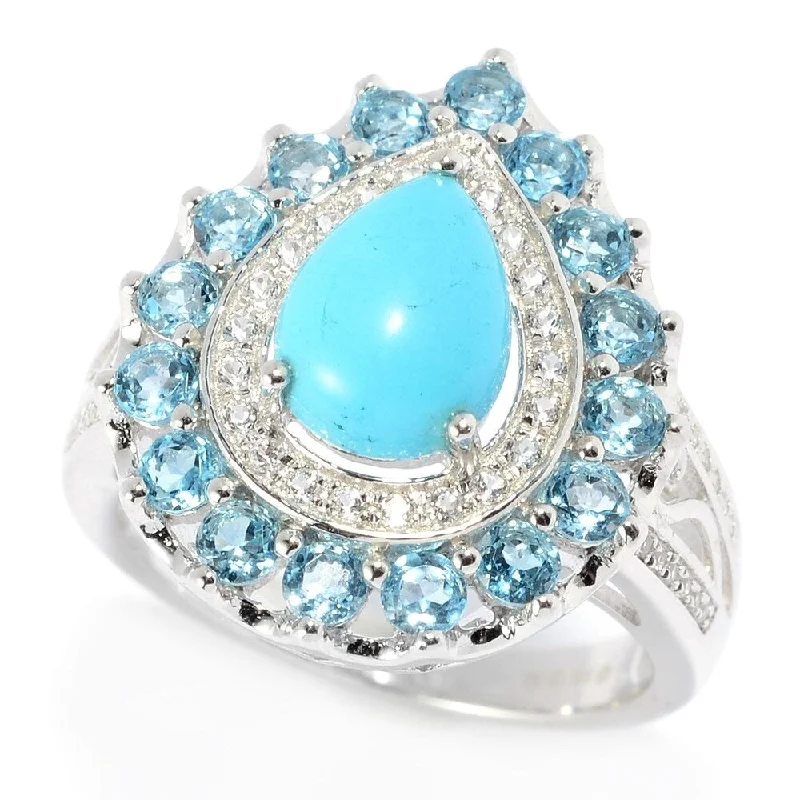 Women’s silver engagement rings-Sterling Silver Turquoise & Multi Color Topaz Double Halo Ring