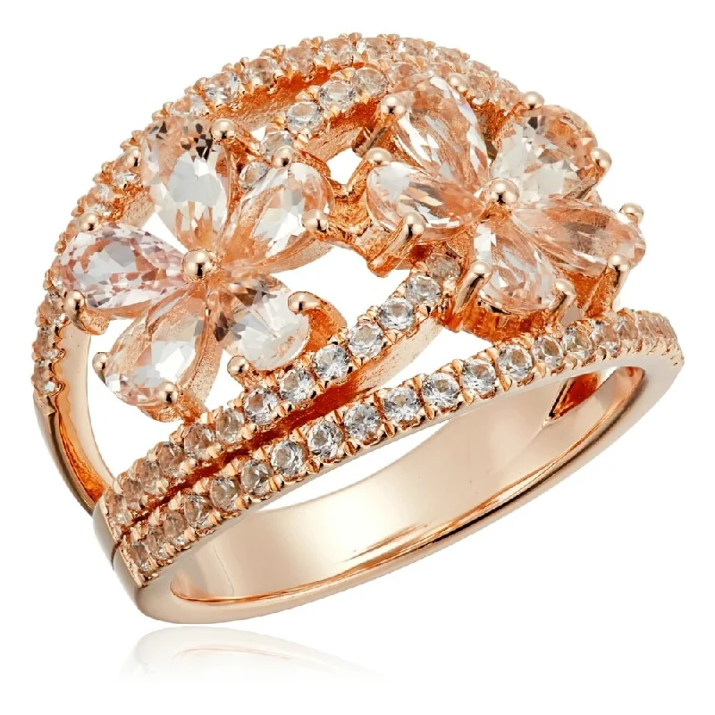 Women’s platinum engagement rings-Rose Gold-plated Silver Morganite and Created White Sapphire Bypass Flower Ring, Size 7