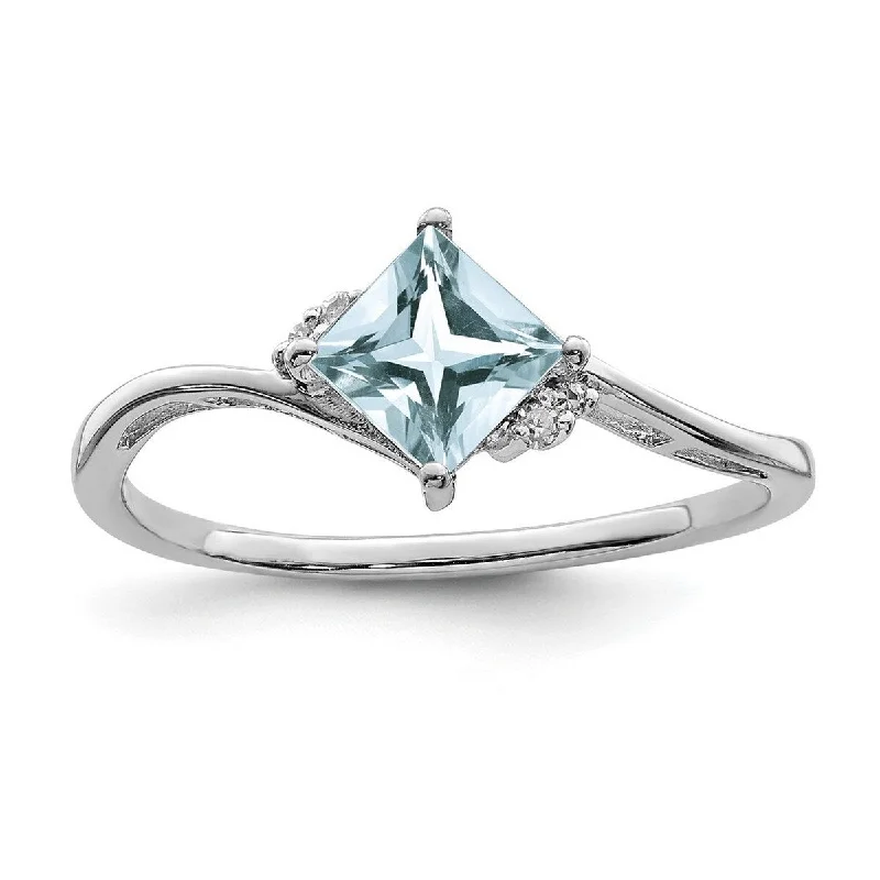 Women’s gold rings-Curata 925 Sterling Silver Polished Rhodium Plated Diamond and Aquamarine Square Ring