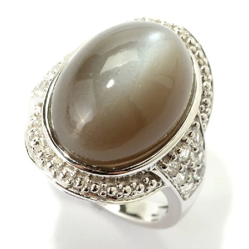 Women’s amethyst rings-Sterling Silver Oval Green Moonstone and White Topaz Ring