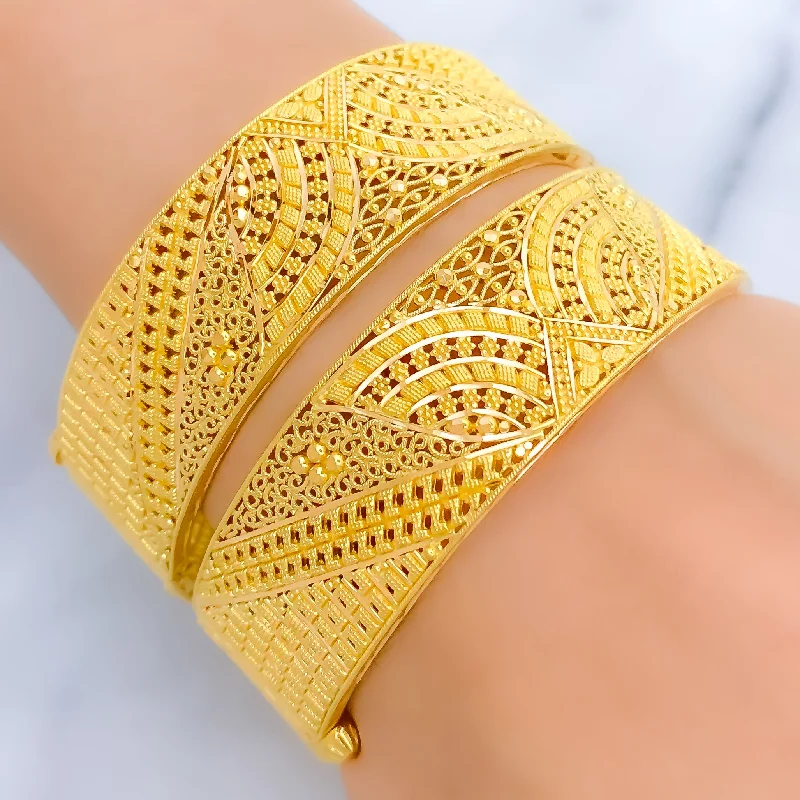 Women’s luxury gold bracelets-Palatial Filigree 22k Gold Screw Bangle Pair