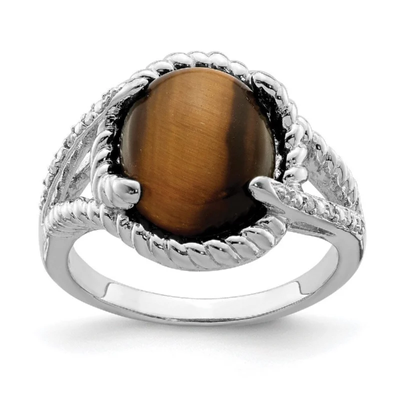 Women’s rose gold rings-Curata 925 Sterling Silver Polished Tigers Eye and Diamond Ring