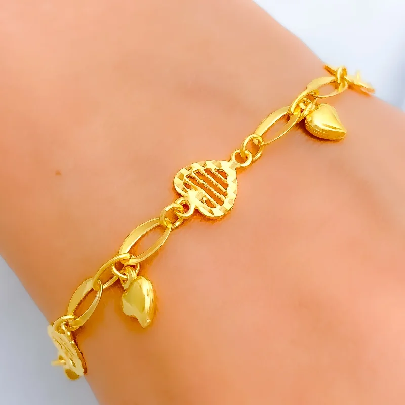 Women’s dainty bracelets-Modern Heart Link Charm 22k Gold Bracelet