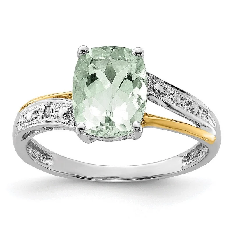 Women’s gold rings-Curata 925 Sterling Silver and 14K Green Amethyst and Diamond Ring Measures 2x7mm