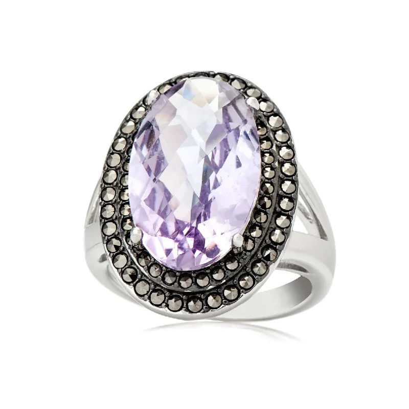 Women’s gold wedding rings-925 Sterling Silver Pink Amethyst and Marcasite Ring