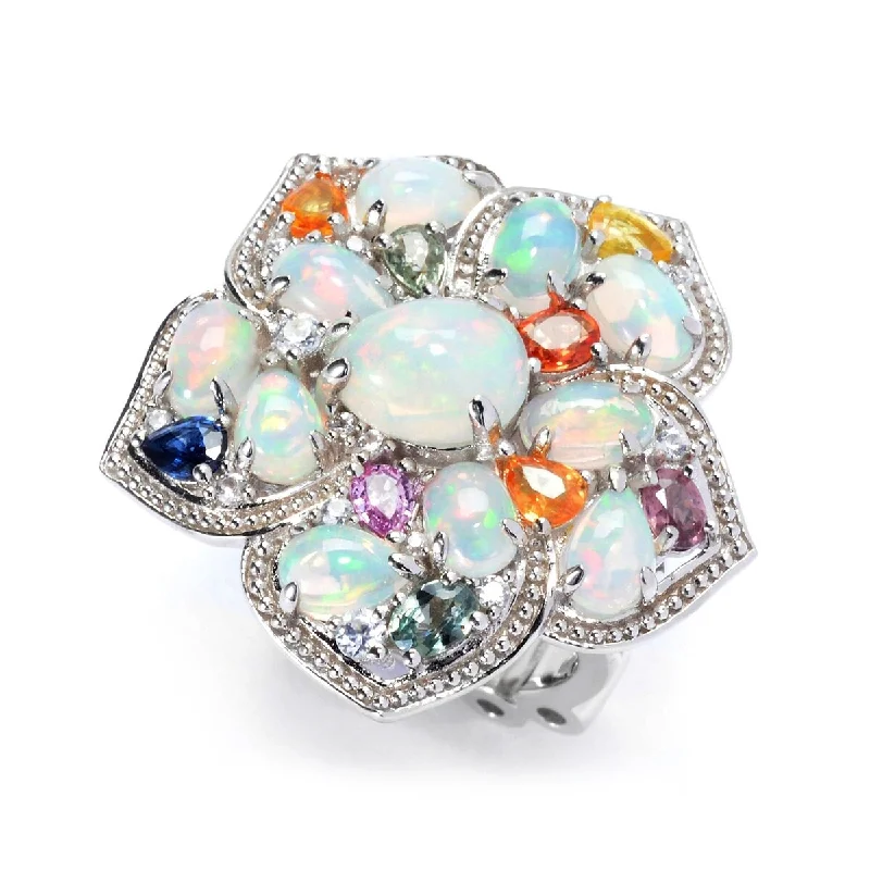 Women’s luxury gemstone rings-Dallas Prince Designs Sterling Silver Ethiopian Opal & Multi Gemstone Flower Ring