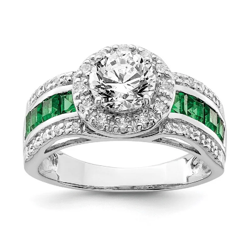 Women’s men’s style rings-Curata 925 Sterling Silver Polished Open back CZ Cubic Zirconia Simulated Diamond and Labcreated Emerald Ring