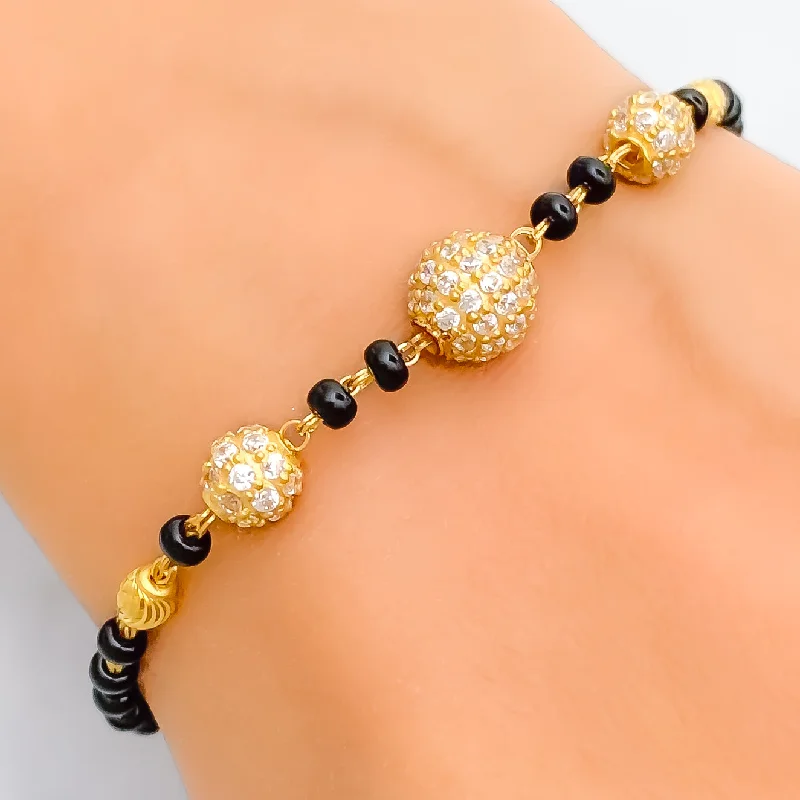 Women’s beaded bangles-Shiny Refined 22k Gold Black Bead CZ Bracelet