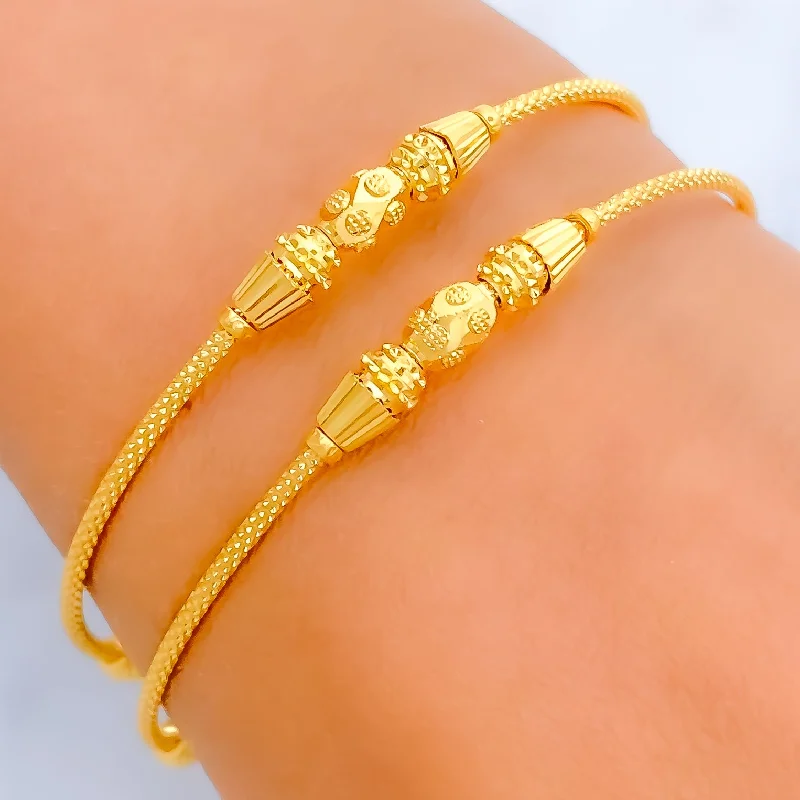 Women’s wrap bracelets-Dainty Oval Bead 22k Gold Bangle Bracelet Pair