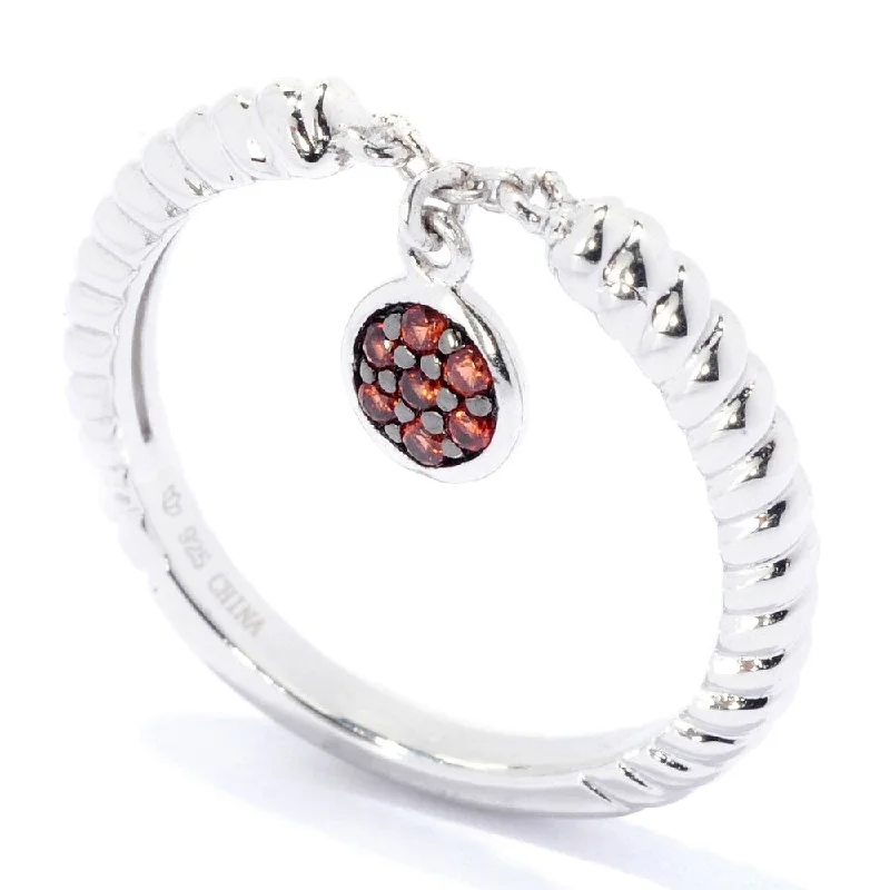 Women’s emerald rings-Sterling Silver Round Red Garnet Dangle Charm Stack Band Ring