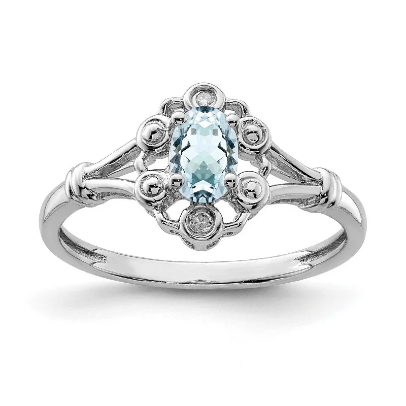 Women’s halo rings-Curata 925 Sterling Silver Polished Open back Aquamarine and Diamond Ring