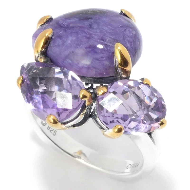 Women’s floral rings-925 Sterling Silver Pink Amethyst and Charoite Ring