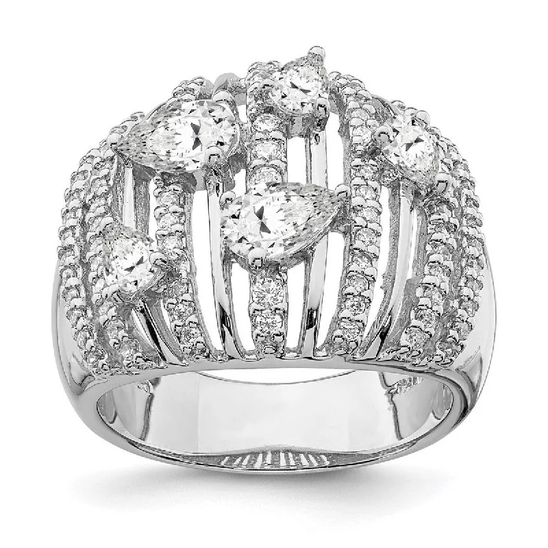 Women’s unique engagement rings-Curata 925 Sterling Silver Rhodium Plated Pear CZ Cubic Zirconia Domed Cluster Fancy Ring