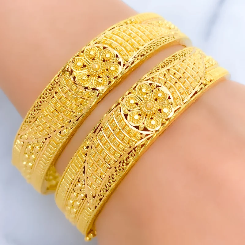 Women’s spiral bracelets-Decorative Flower Adorned 22k Gold Bangles