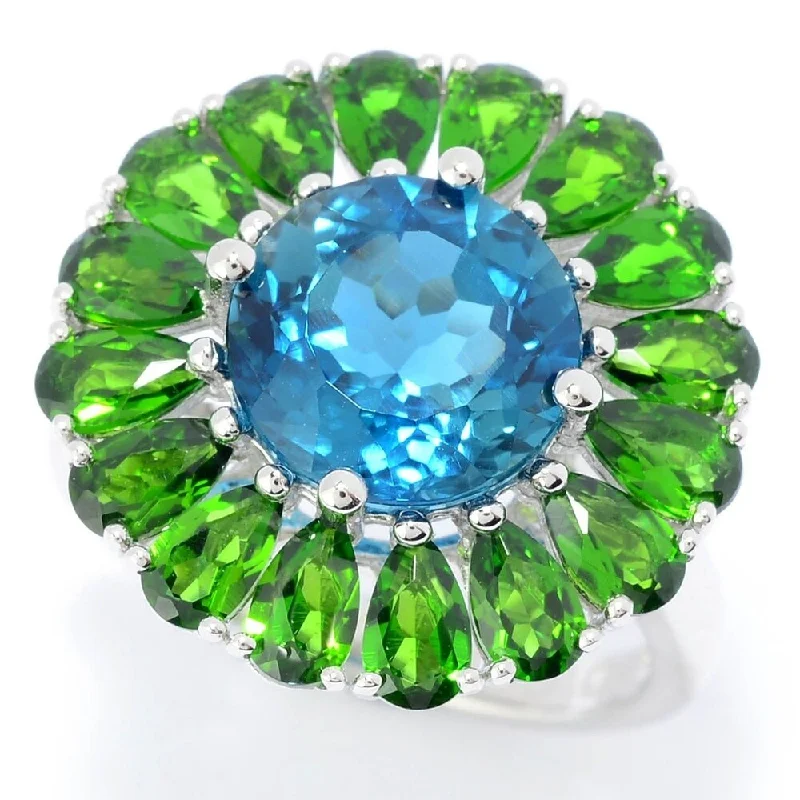 Women’s colorful rings-Sterling Silver 7.50ctw London Blue Topaz & Chrome Diopside Flower Ring