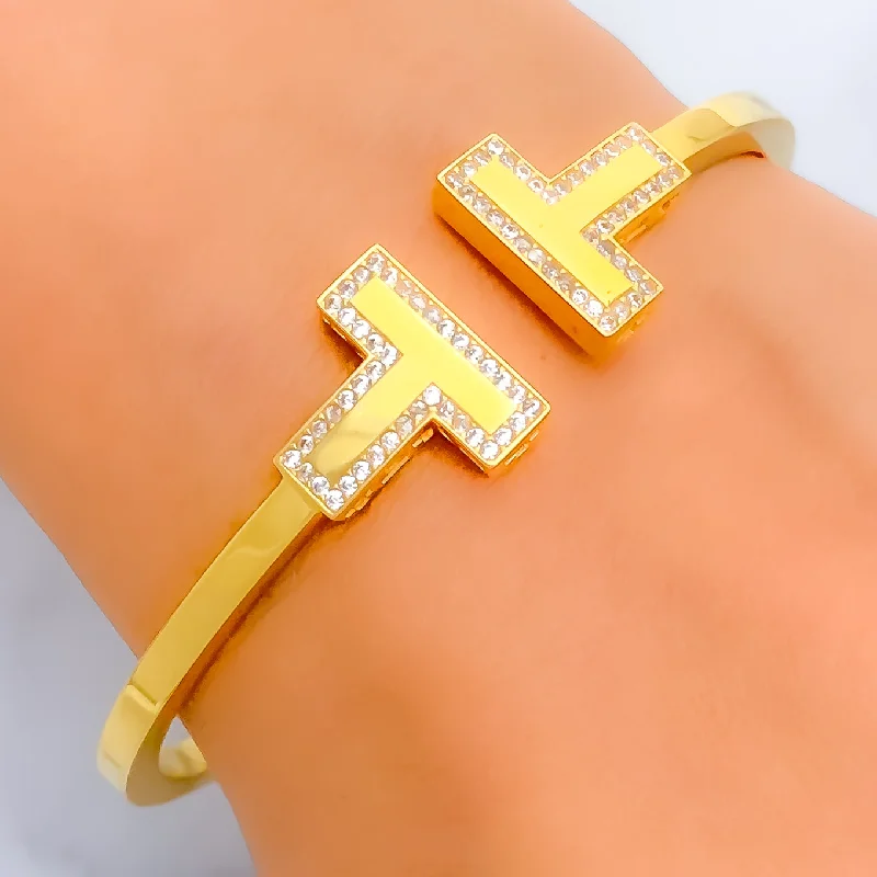 Women’s diamond-studded bracelets-Sleek Sophisticated 21k Gold CZ Bangle Bracelet