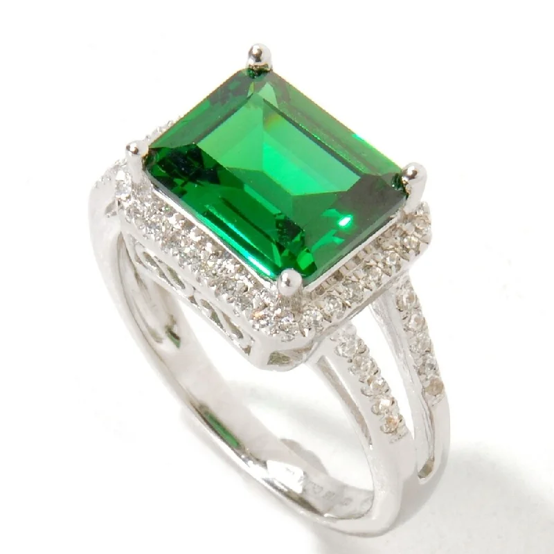 Women’s timeless rings-Sterling Silver 5.77Ctw Green Emerald Color Cz Solitaire W/ Accent Ring