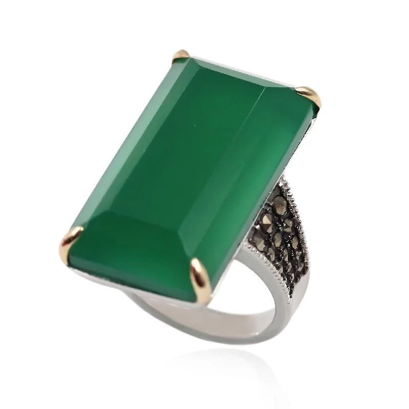 Women’s birthstone rings-14k Gold and Sterling Silver Agate and Marcasite Ring