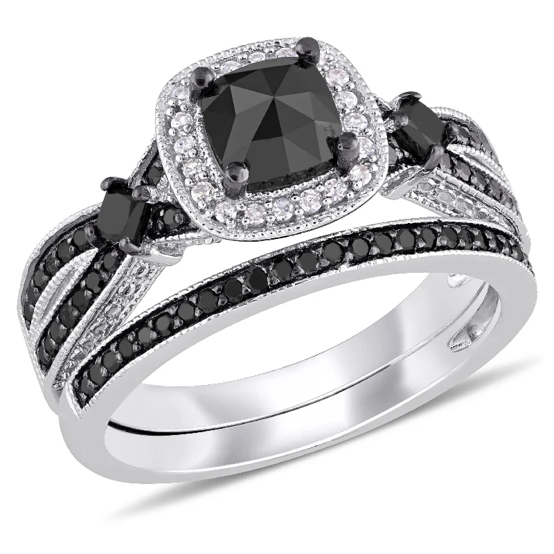 Women’s name rings-Miadora Signature Collection Sterling Silver with Black Rhodium 1 1/2ct TDW Black and White Diamond Split Shank Bridal Ring Set