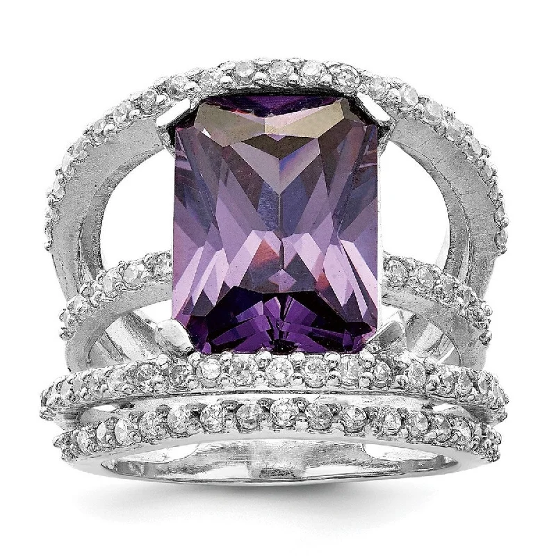 Women’s thin bands rings-Curata 925 Sterling Silver Polished Open back Purple and Clear CZ Cubic Zirconia Simulated Diamond Ring